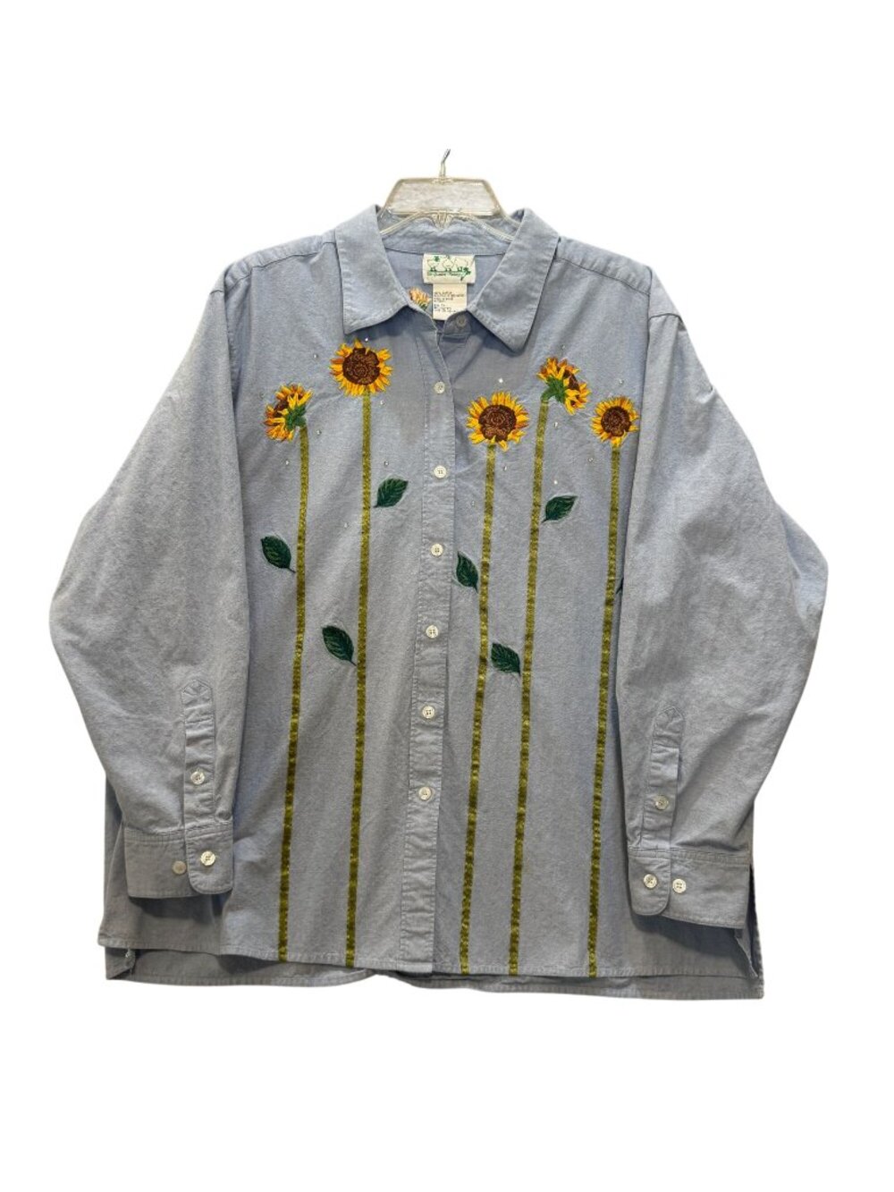 The Quacker Factory Sunflower Blue Embroidered Button Up Shirt Women’s 1X Floral